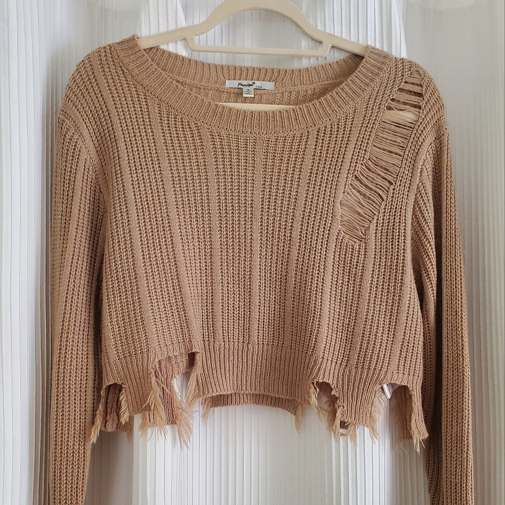 Tan/ Beige Distressed Cropped Sweater